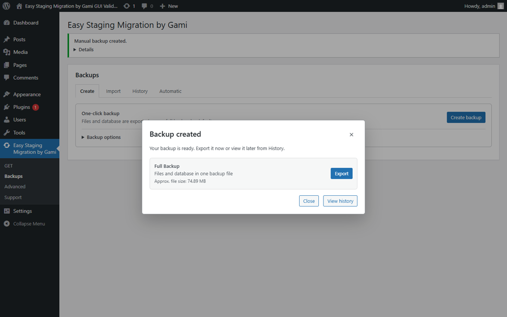 Backup creation and history screen