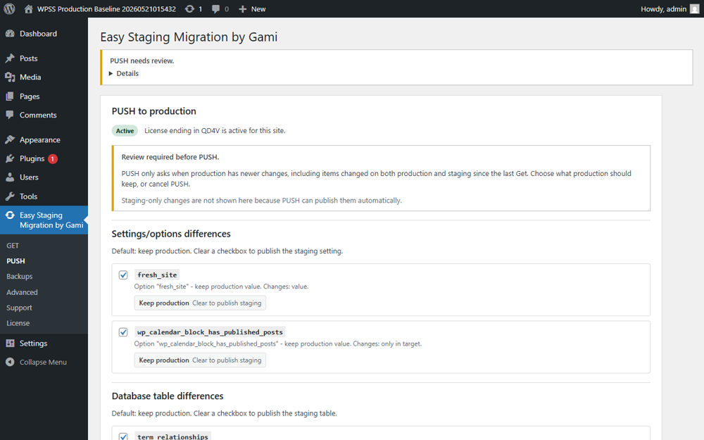 Difference review screen for the free core and paid publish workflow