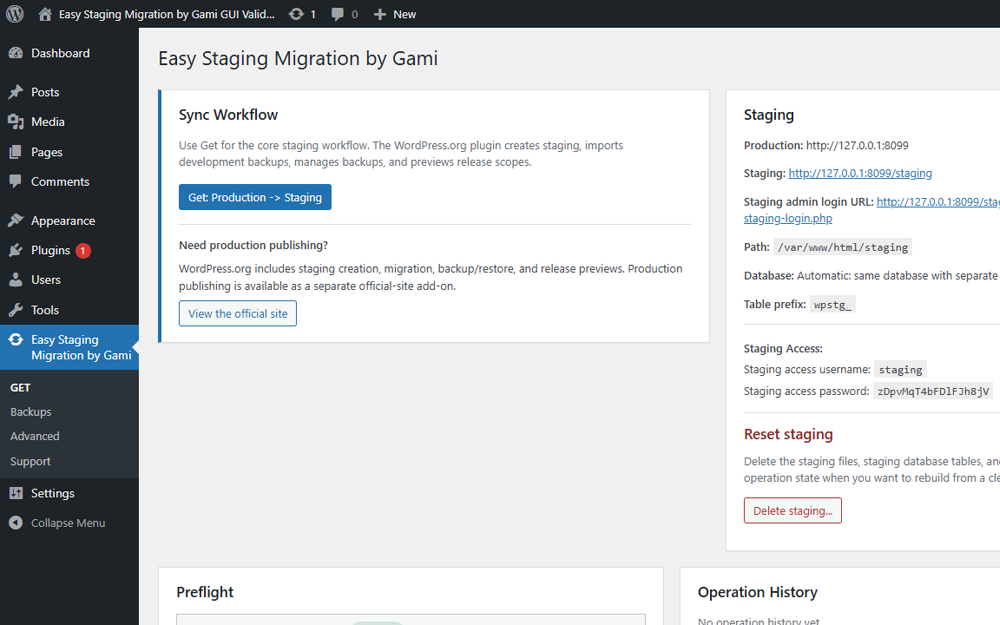GET screen for creating WordPress staging from production.