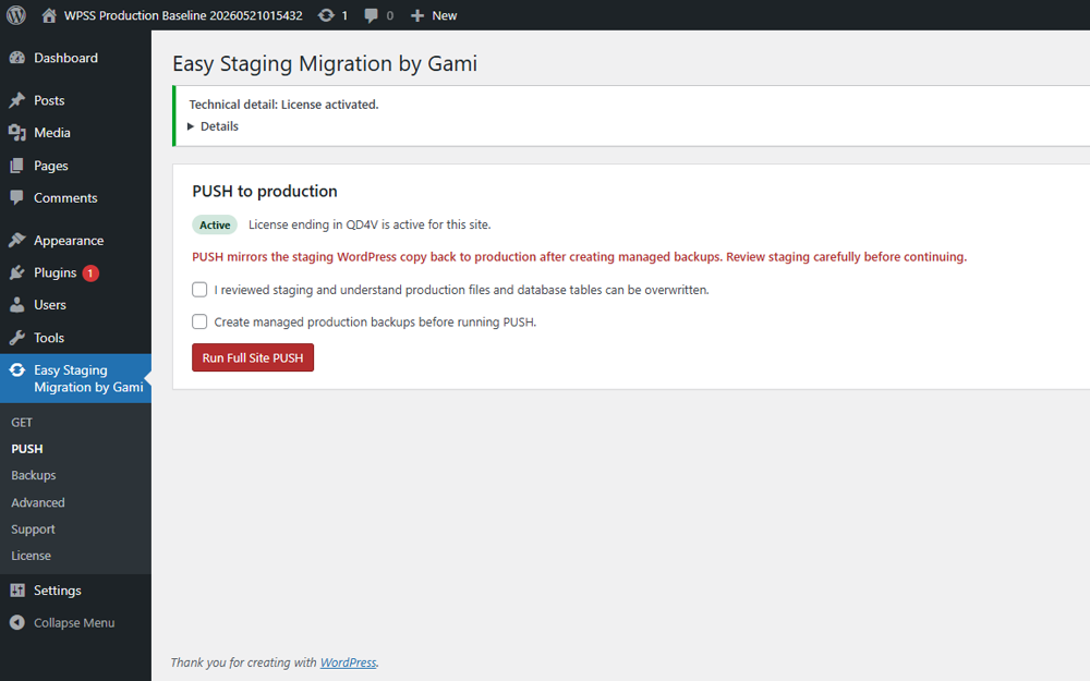 PUSH screen for publishing staging changes to production